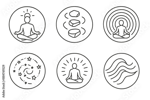 Transcendental Energy Icons. Line style circular vector icons of transcendental energy: cosmic meditating pose, floating rocks