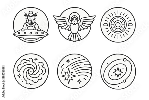 Cosmic Deity Icons. Line style circular vector icons of ancient cosmos: winged deity in spaceship, glowing solar wings, radiant