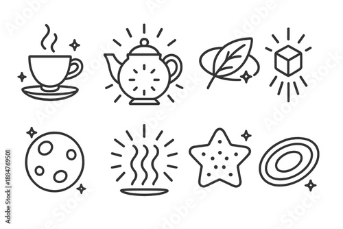 Celestial Tea Icons. Line style icons of Celestial Tea: floating teacup, glowing teapot, orbiting leaf, levitating sugar cube,
