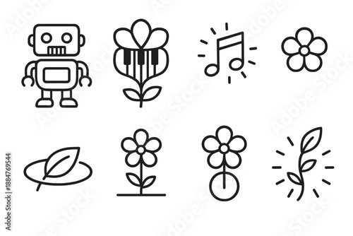 Petal Piano Icons. Line style icons of Petal Piano: robot, piano made of petals, glowing note, floating blossom, orbiting leaf,