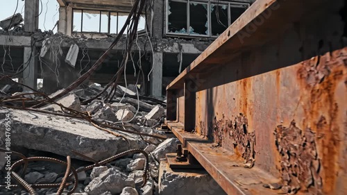 A closeup of a rusty metal beam with rubble and debris in the background