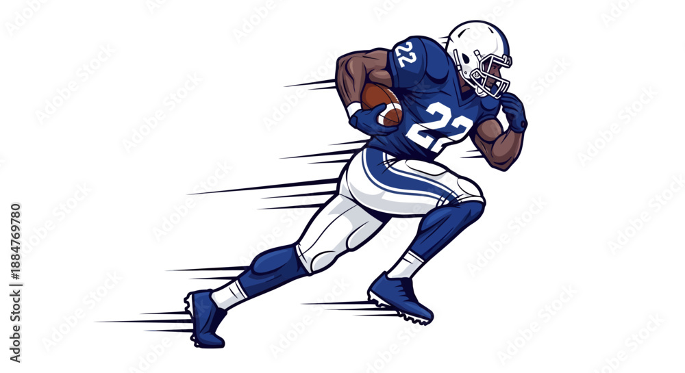 Obraz premium Running back in blue uniform speeding with football in action motion blur effect