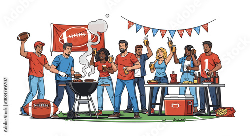 Group of diverse friends enjoying a tailgate party before a football game with bbq grill and drinks