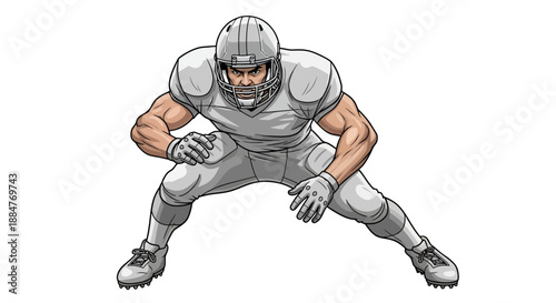 Muscular american football player in silver protective gear crouching in defensive line stance