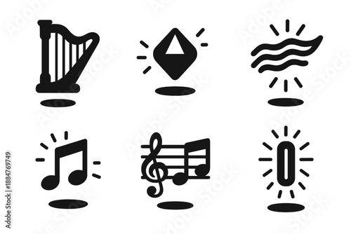 Levitating Musical Icons. Solid style icons of levitating musical elements in : floating harp, hovering prism orb, radiant string,