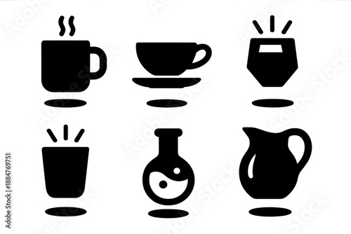 Levitating Drink Icons. Solid style icons of levitating drink items in : floating mug, hovering teacup, prism glass, radiant cup,