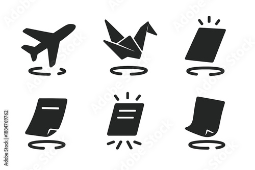 Levitating Paper Icons. Solid style icons of levitating paper objects in : floating plane, hovering origami, prism sheet, radiant