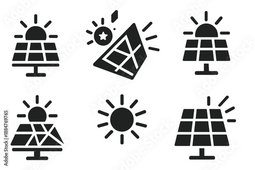 Sustainable Energy Icons. Solid style icons of sustainable energy in : solar panel, glowing cell, prism module, radiant panel,