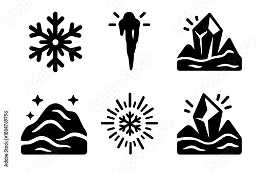 Surreal Frozen Icons. Solid style icons of surreal frozen landscapes in : snowflake, glowing icicle, prism glacier, radiant frost,