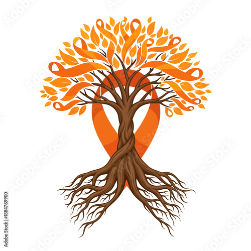 Tree of life with trunk forming orange awareness ribbon symbolizing health and support for global cause