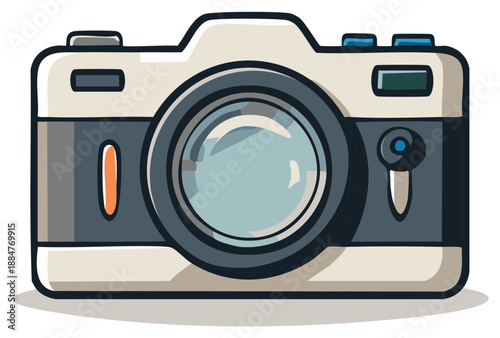 Vintage style camera illustration with detailed lens and buttons