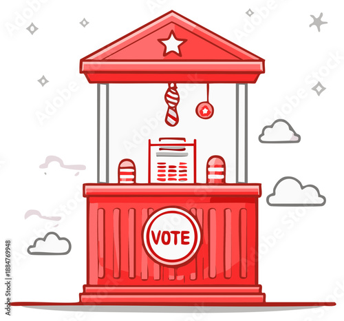 Stylized Cartoon Booth with Vote Sign: Election Station, Voting Precinct, Ballot Box Concept