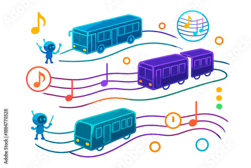 Musical Transport Symphony. Isometric vector illustration set Public transport as music notes: floating glowing buses and trains