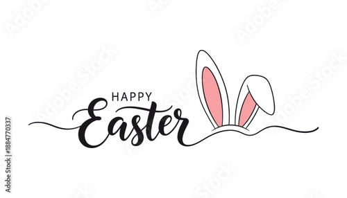 Easter bunny greeting card with pink ears and happy easter text