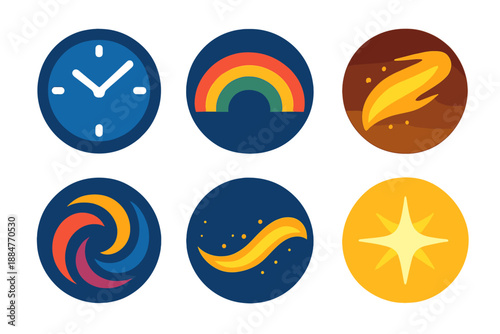 Colorful Time Symbols. Solid style round vector icons of colorful time: clock face, rainbow arc, flowing light, energy swirl,