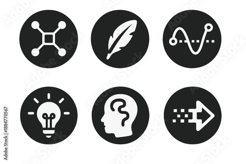 Creative Automation Icons. Solid style round vector icons of creative automation: neural network, feather stroke, algorithm wave,
