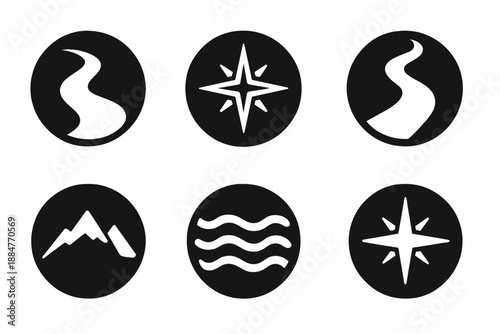 Life Navigation Icons. Solid style round vector icons of life navigation: river flow, compass rose, winding path, mountain horizon