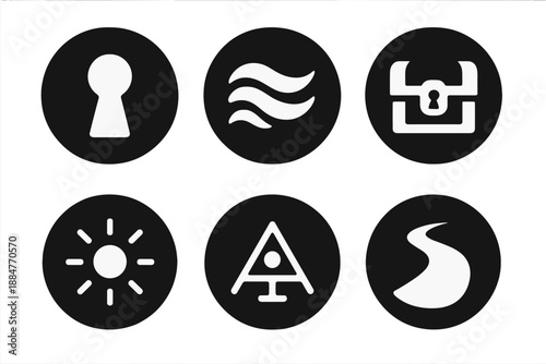 Secrecy Symbols Collection. Solid style round vector icons of secrecy and revelation: keyhole, mist wave, locked chest, faint glow