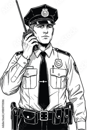 Police Officer Communicating on Radio Device.