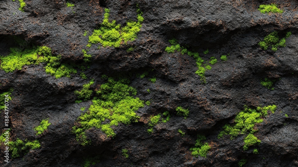Fototapeta premium Moss growing on dark rough stone surface texture
