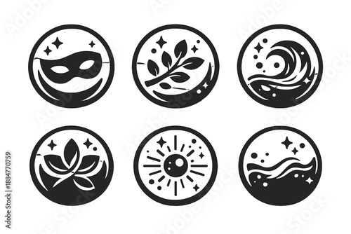 Harmony in Disguise Icons. Solid style round vector icons of harmony in disguise: mask, branch, flow, petal curve, aura glow, wave