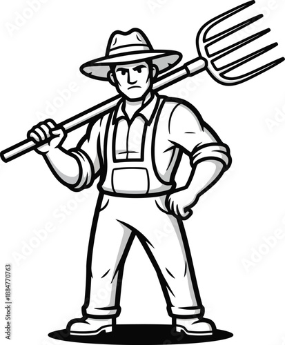 Farmer with Pitchfork Standing Confidently.