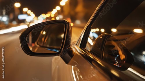 Closeup of a car side mirror on a blurred city street at night with colorful lights reflecting on the vehicle