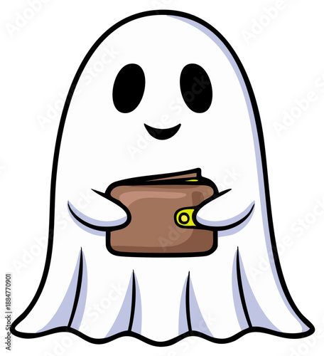 Cute Ghost Character Holding a Brown Wallet with Happy Expression