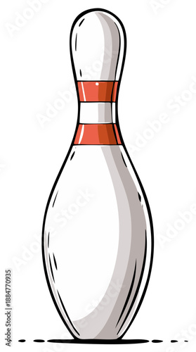 Cartoon drawing of a single classic ten pin bowling pin with red stripes