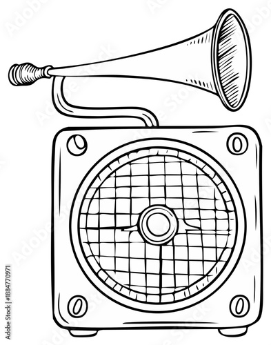 Retro gramophone horn attached to a speaker drawing
