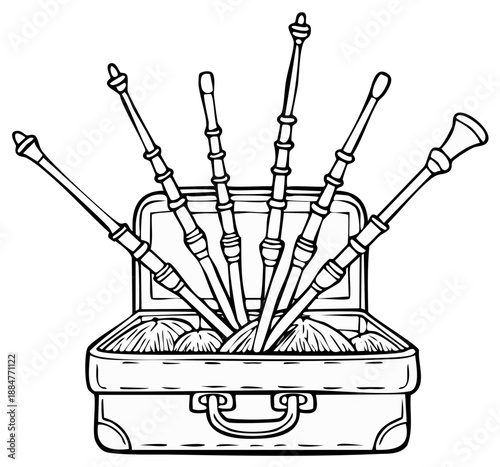 Open Luggage Containing Bagpipe Chanters and Bag Ready for Travel