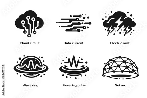 Smart Atmosphere Icons. Solid style icons of smart atmosphere: cloud circuit, data current, electric mist, wave ring, hovering