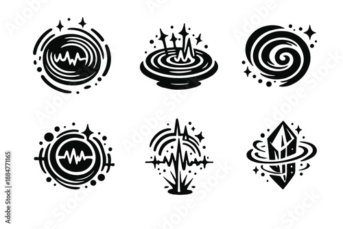 Sonic Energy Icons. Solid style icons of Sonic Energy: waveform disk, resonance plate, tone spiral, bass ring, treble pulse, echo