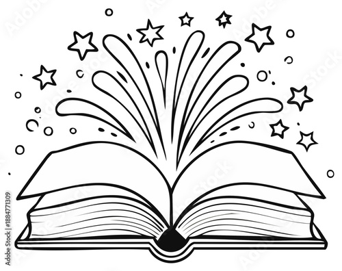 Open book with magic splash and stars fantasy illustration