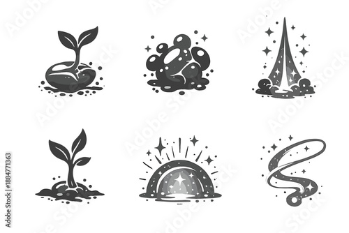 Living Creation Icons. Solid style icons of Living Creation: seed sprout, clay node, glow beam, soft shoot, radiant arc, luminous