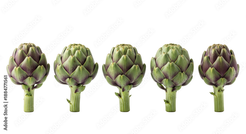 Obraz premium Five whole, raw artichokes with vibrant green and deep purple leaves, thick stems, arranged in a straight line on a transparent background with copy space, concept of fresh organic produce