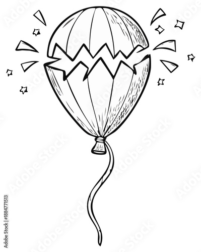 Cracked and bursting balloon with confetti, hand-drawn sketch illustration