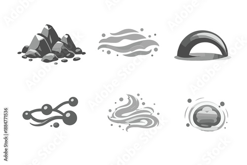 Strong Subtlety Icons. Solid style icons of Strong Subtlety: stone ridge, fog line, solid arc, flowing node, mist thread, soft