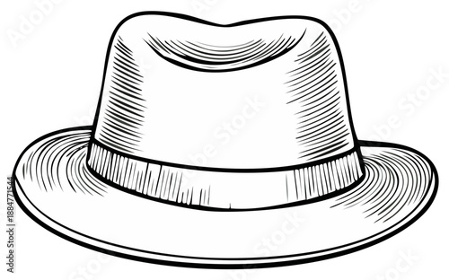 Ink drawing of a vintage fedora hat, classic headwear with a wide brim.