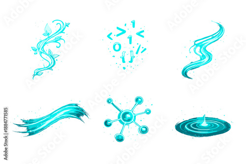 Bio-Digital Flow Icons. Solid style icons of Bio-Digital Flow: glow vine, drift code, luminous thread, flowing arc, digital node,