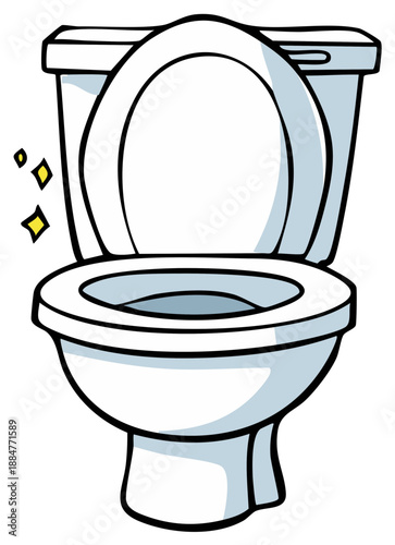 Clean, sparkling toilet with the seat open ready to use, cartoon style illustration.