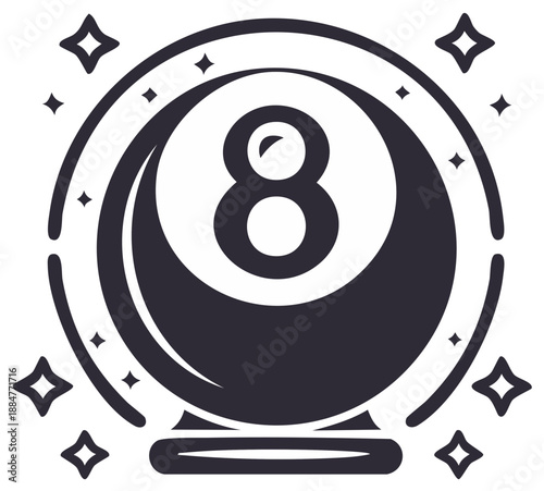 Mysterious 8 Ball Pool Ball with Glowing Stars and Sparkles