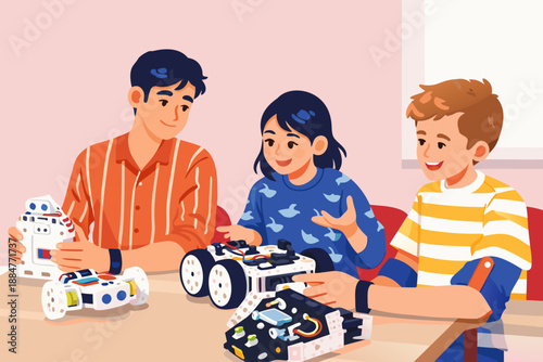 Group of focused students collaborating on a mobile robot project in a bright room.