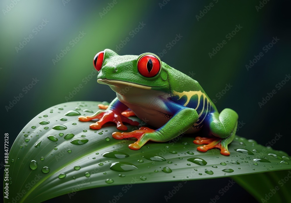 Obraz premium A vibrant red-eyed tree frog rests perched firmly on a large, dew-covered green tropical leaf showing striking camouflage, detailed, amphibian, habitat