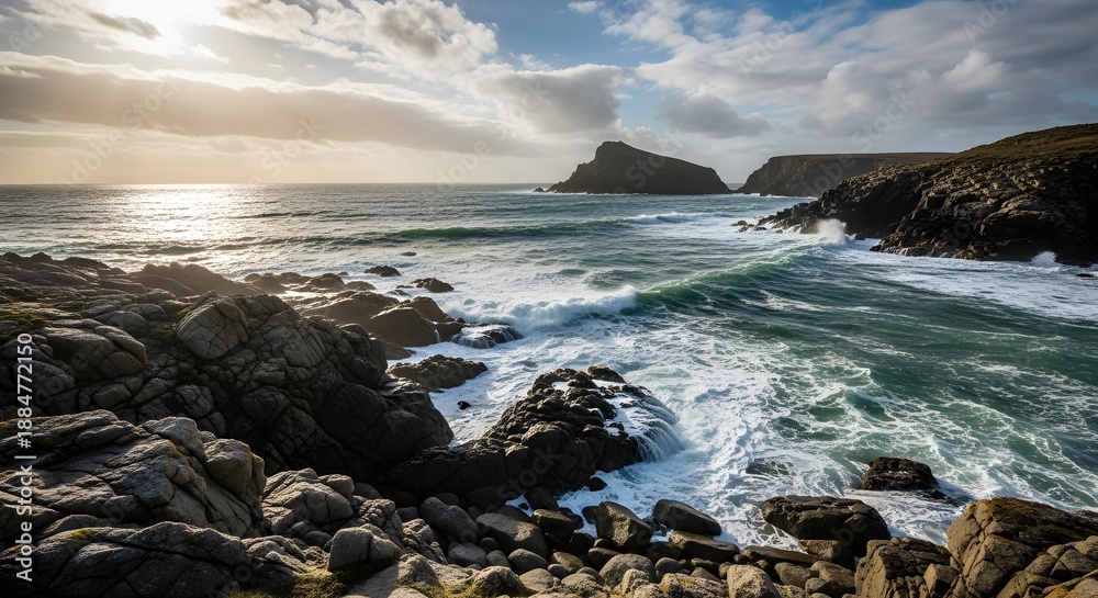 Obraz premium Powerful ocean waves crashing against rocky coastline at sunset