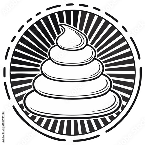 Stylized Pile of Feces with Radial Sunburst and Dashed Circle Border Illustration