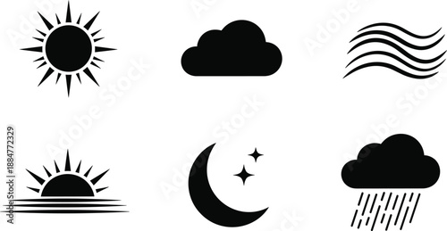Weather icon silhouette set featuring sun, clouds, rain, wind, sunrise, and moon, minimalist meteorology illustration for forecast, climate, and seasonal design use
