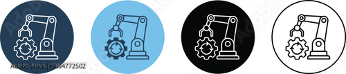 Industrial robotic arm with gear icon set for manufacturing automation process and engineering technology concept in various styles.