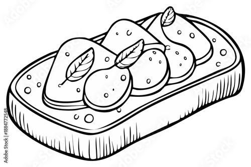 Simple Sketch of Open-Faced Sandwich Topped with Sliced Cheese and Basil Leaves