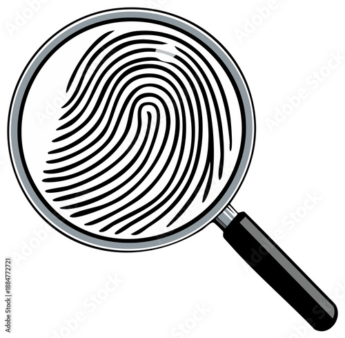 Magnifying glass examining a fingerprint for investigation and identification purposes